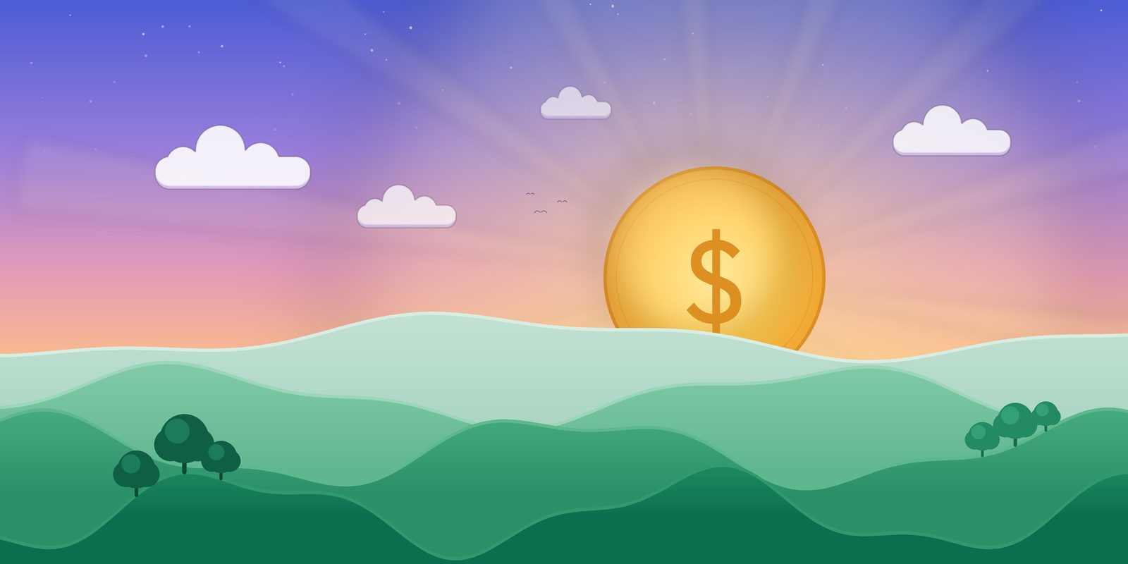 A gold coin rising like the sun over rolling green hills